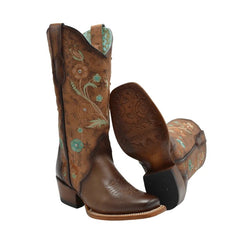 Botas de Cuero Horma Rodeo para Mujer Color Tan con Flores Piedra Swarovski JB-PAC1TAN