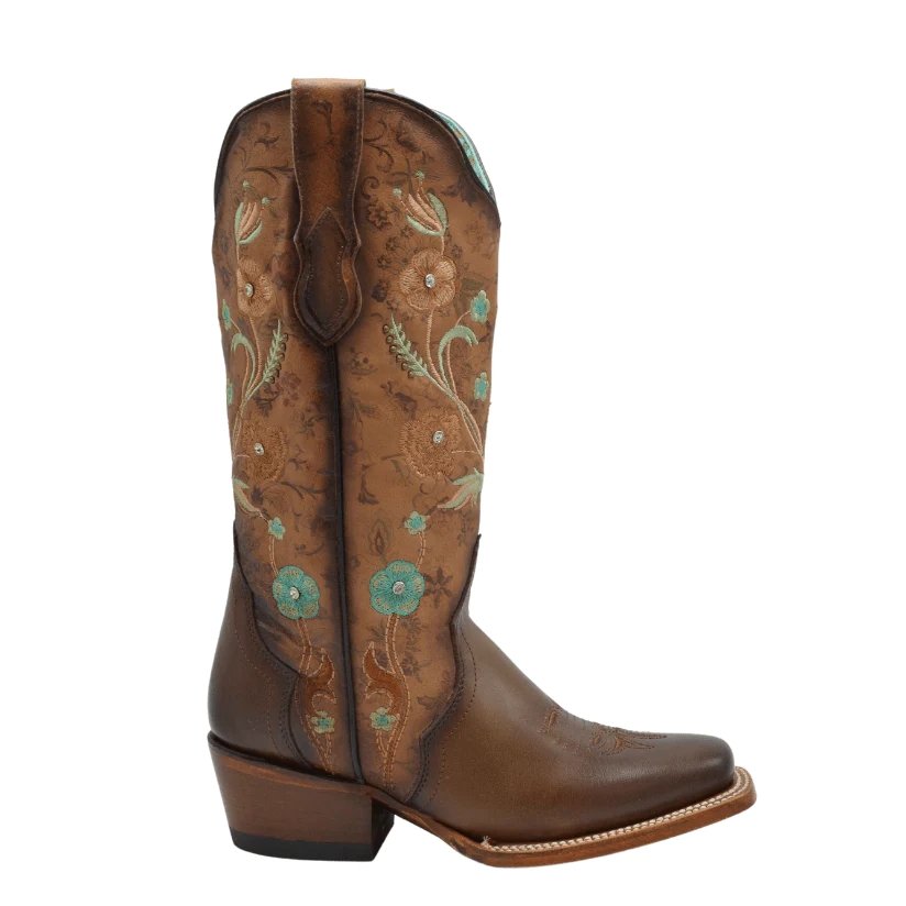 Botas de Cuero Horma Rodeo para Mujer Color Tan con Flores Piedra Swarovski JB-PAC1TAN