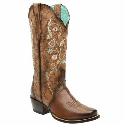 Botas de Cuero Horma Rodeo para Mujer Color Tan con Flores Piedra Swarovski JB-PAC1TAN 1   - from alligatorwarehouse.com