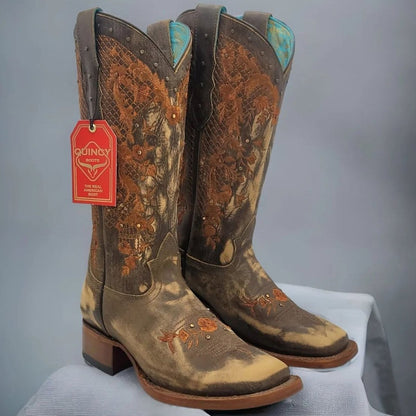 Botas de Cuero Lijado para Mujer en Horma Rodeo Color Tan Q3226231L