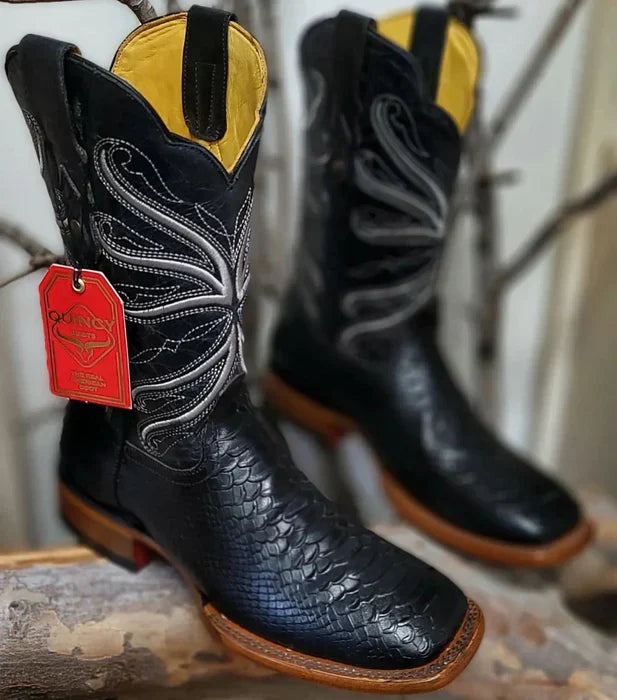 Botas de Piton Grabado Horma Rodeo Cuadrada Color Negro 7   - from alligatorwarehouse.com