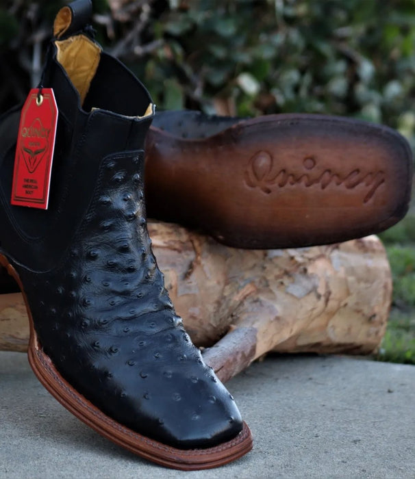 Botines de Avestruz Grabado con Punta Cuadrada Color Negro 3   - from alligatorwarehouse.com