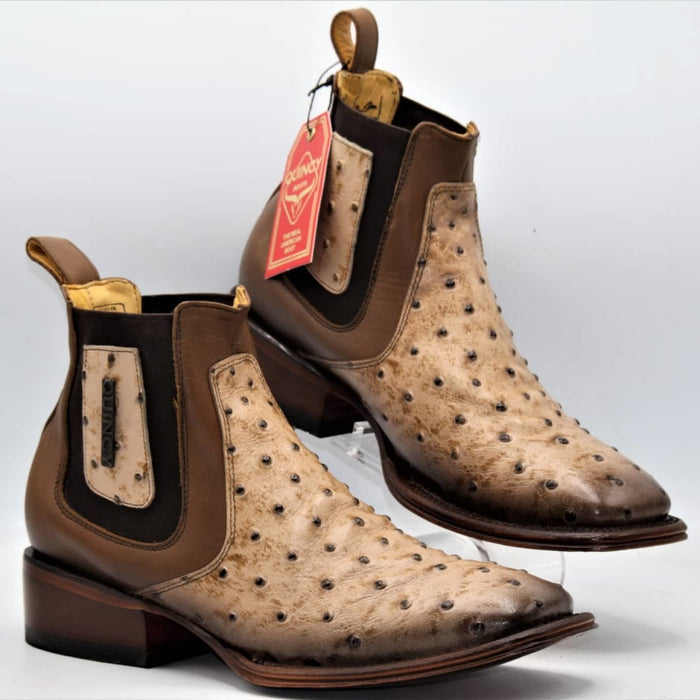 Botin de Avestruz Grabado con Punta Cuadrada