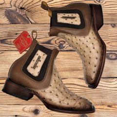 Botin de Avestruz Grabado con Punta Cuadrada
