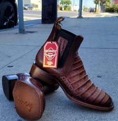 Botin de Cocodrilo Grabado Nuca con Punta Cuadrada Color Cognac