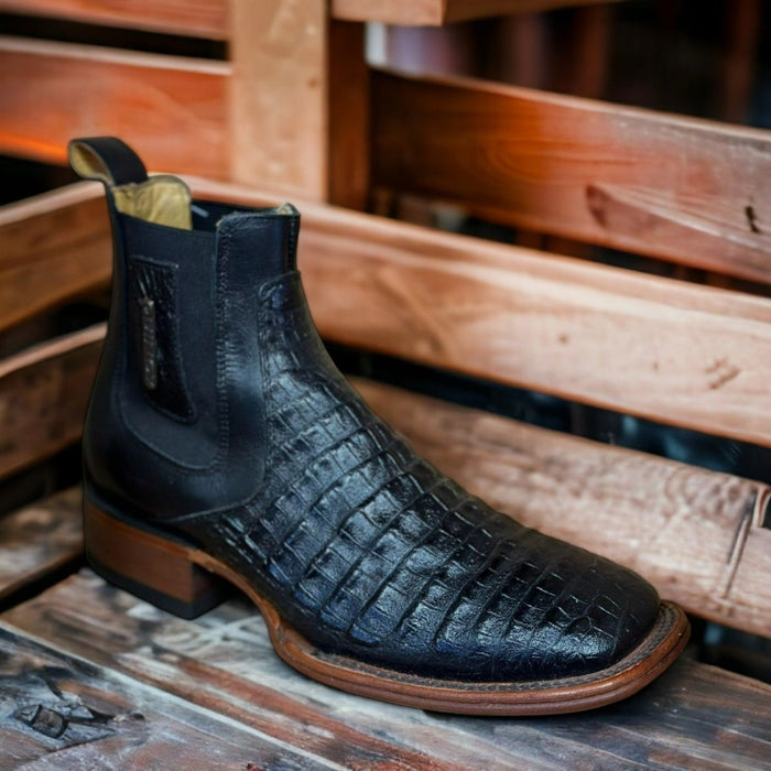 Botin de Cocodrilo Grabado Nuca con Punta Cuadrada Color Negro
