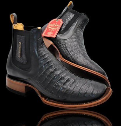 Botin de Cocodrilo Grabado Nuca con Punta Cuadrada Color Negro