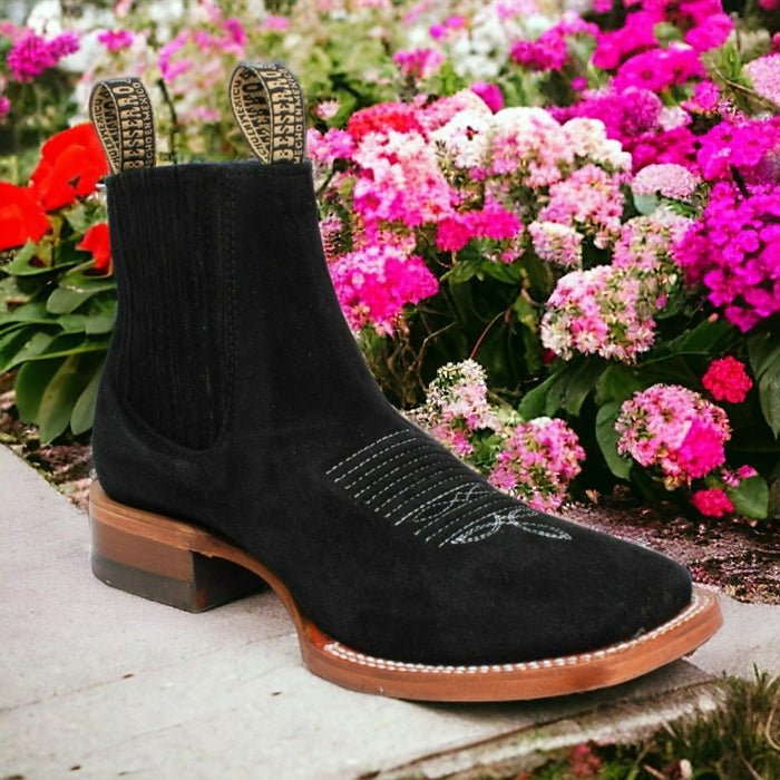 Botines Charros de Gamuza Punta Cuadrada para Mujer Color Negro Q82BJ6305
