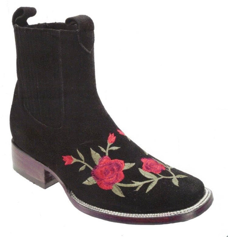Botines Charros para Mujer de Gamuza Punta Cuadrada con Rosas JB-702