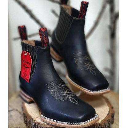 Botines Charros Quincy de Cuero con Punta Cuadrada Color Negro