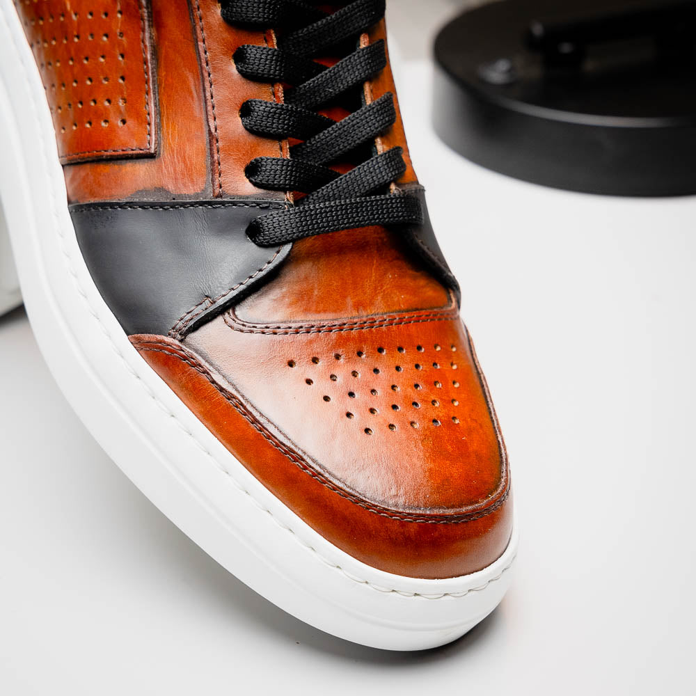 Zelli Bravo Burnished Calfskin High Top Dress Sneaker in Brown