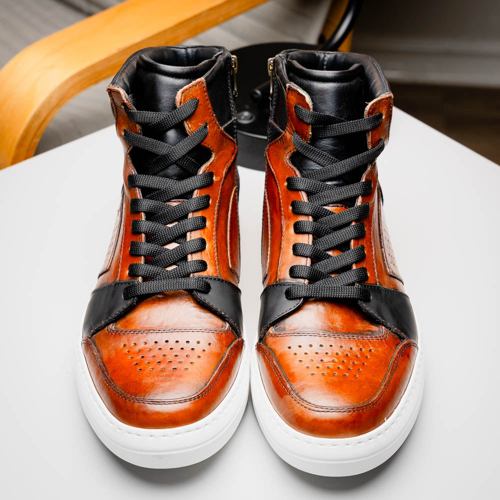 Zelli Bravo Burnished Calfskin High Top Dress Sneaker in Brown