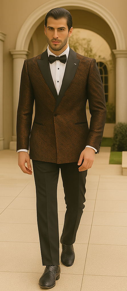 Bronze Double Breasted Rough Streak Pattern Satin Peak Lapel Stacy Adams Men's Jacket 4   - from alligatorwarehouse.com