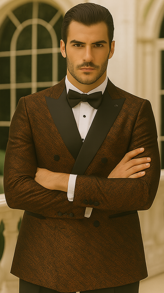 Bronze Double Breasted Rough Streak Pattern Satin Peak Lapel Stacy Adams Men's Jacket 5   - from alligatorwarehouse.com