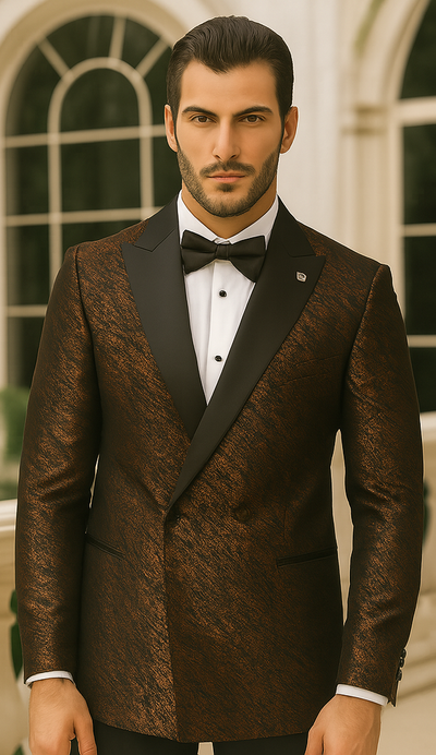 Bronze Double Breasted Rough Streak Pattern Satin Peak Lapel Stacy Adams Men's Jacket 1   - from alligatorwarehouse.com