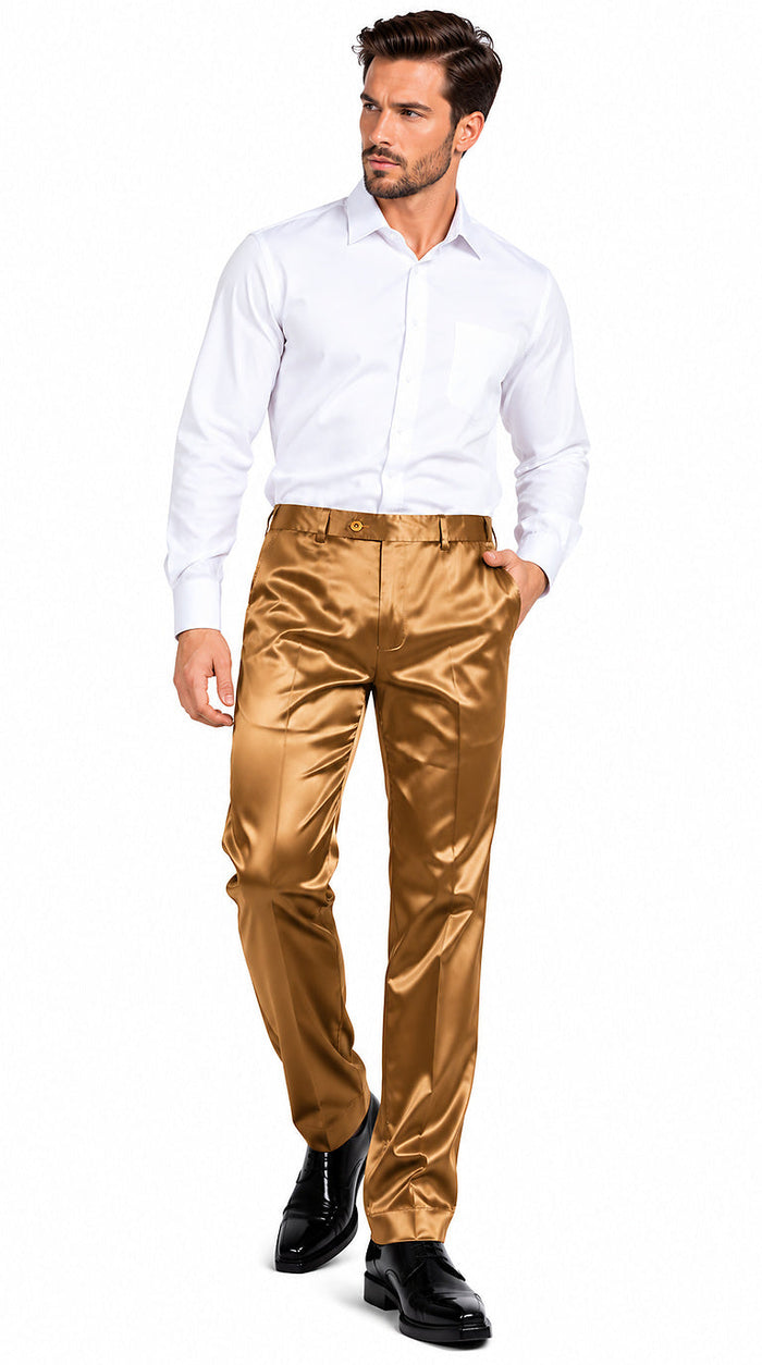 Mens Shiny Stretch Pants Solid Color Slim Fit Sateen Flashy Metallic Slacks in Color "Luggage"