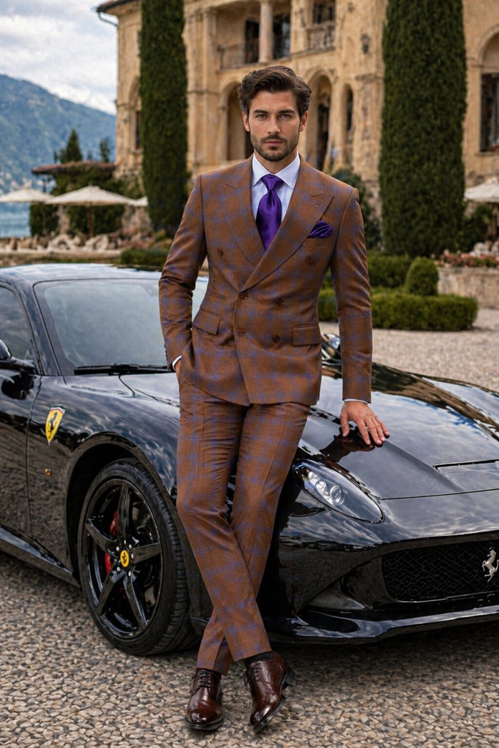 Men’s Brown Plaid Double-Breasted Suit – Premium 2-Piece Classic Checkered Windowpane Suit by Rossiman
