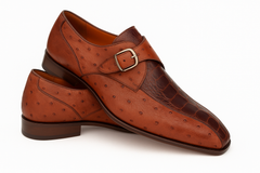Mezlan Men's Genuine Full Quill Ostrich Leg Monk Brown  Strap Shoes