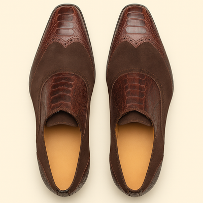 Brown Ostrich and English Suede Gored Slip On Dress Shoes for men By Mezlan Made In Spain Brand 2   - from alligatorwarehouse.com