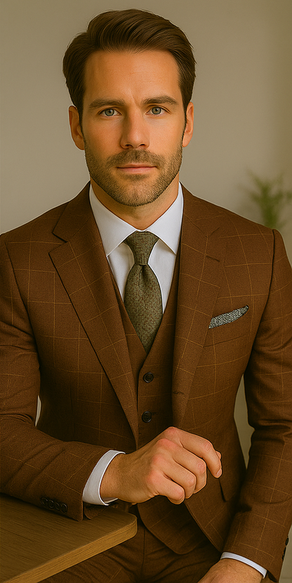 Wool Suit - Italian Made Business Suit by Statement Men's 3 Piece 100% Wool Modern Fit Suit - V-Neck Double Breasted Vest