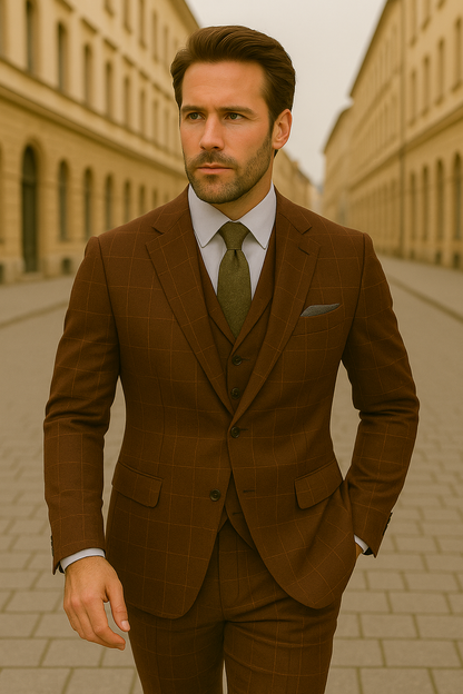 Wool Suit - Italian Made Business Suit by Statement Men's 3 Piece 100% Wool Modern Fit Suit - V-Neck Double Breasted Vest