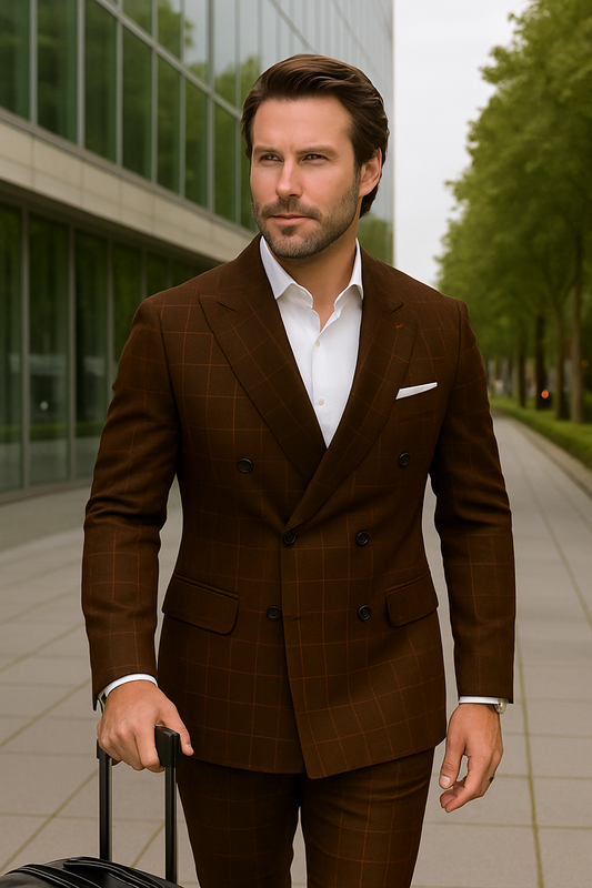 Wool Suit - Italian Made Business Suit by Statement Men's 100% Wool 2 Piece Suit - Double Breasted Windowpane