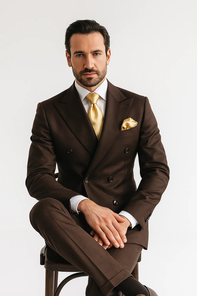 Suits With Baggy Pleated Pants - Wide Leg Pants 100% Wool - Classic Fit in Brown Color by Rossiman 5   - from alligatorwarehouse.com