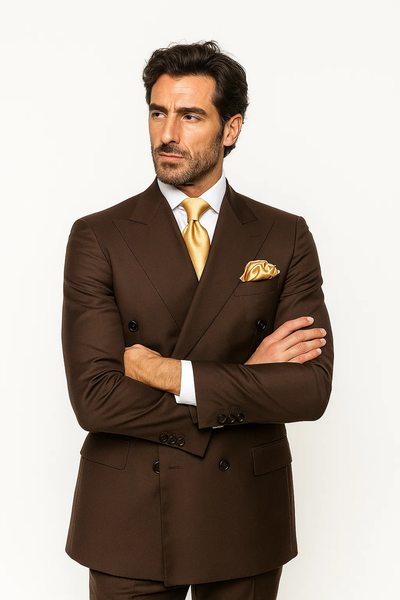 Suits With Baggy Pleated Pants - Wide Leg Pants 100% Wool - Classic Fit in Brown Color by Rossiman 6   - from alligatorwarehouse.com