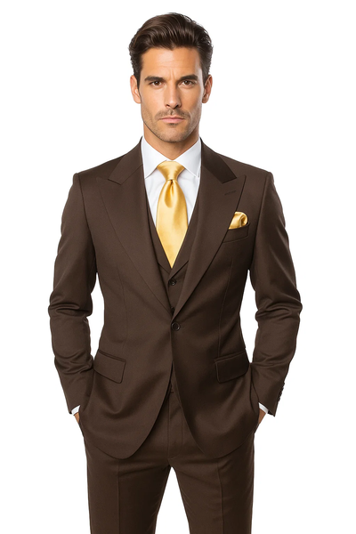 Suits With Baggy Pleated Pants - Wide Leg Pants 100% Wool - Classic Fit in Brown One Button 3 Piece Suit  by Rossiman 2   - from alligatorwarehouse.com
