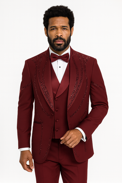 Men’s Burgundy Italian Wool 3-Piece Modern Formal Tuxedo 1   - from alligatorwarehouse.com