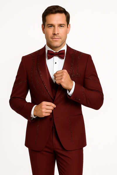 Men’s Burgundy Italian Wool 3-Piece Modern Formal Tuxedo 7   - from alligatorwarehouse.com
