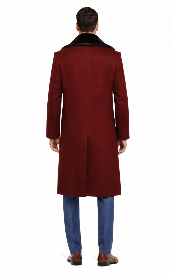 Burgundy Overcoat ~ Long men's Dress Topcoat - Winter coat With Fur Collar And Wool Fabric