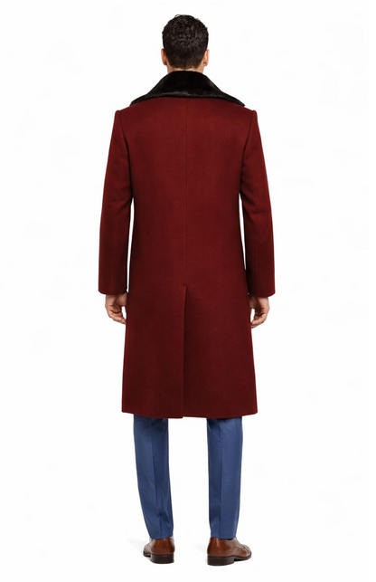 Burgundy Overcoat ~ Long men's Dress Topcoat - Winter coat With Fur Collar And Wool Fabric