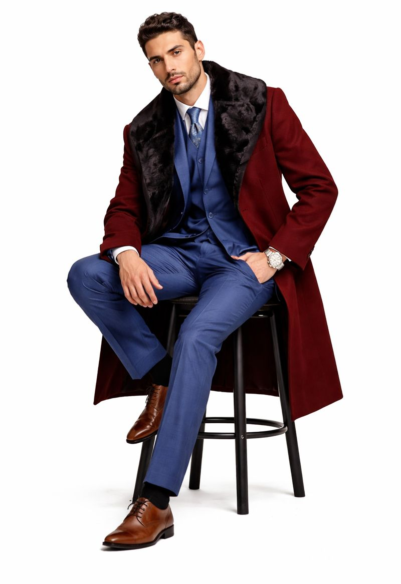 Burgundy Overcoat ~ Long men's Dress Topcoat - Winter coat With Fur Collar And Wool Fabric