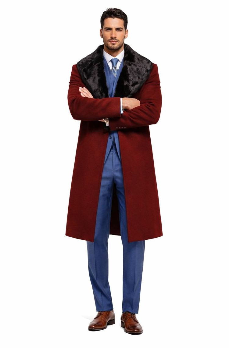 Burgundy Overcoat ~ Long men's Dress Topcoat - Winter coat With Fur Collar And Wool Fabric