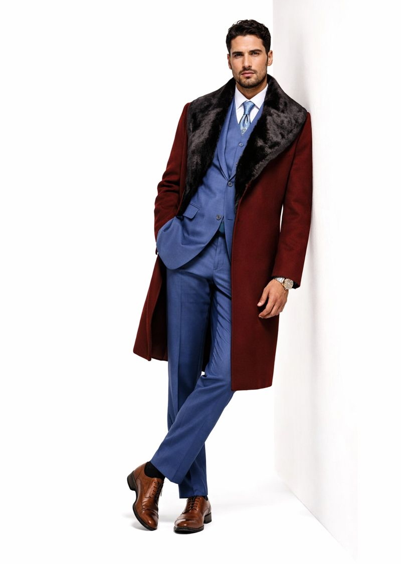 Burgundy Overcoat ~ Long men's Dress Topcoat - Winter coat With Fur Collar And Wool Fabric