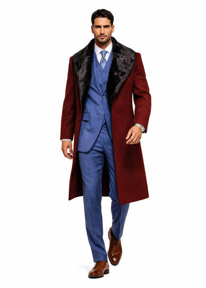 Burgundy Overcoat ~ Long men's Dress Topcoat - Winter coat With Fur Collar And Wool Fabric