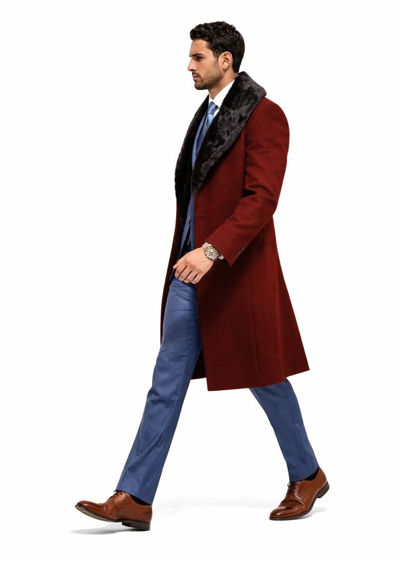 Burgundy Overcoat ~ Long men's Dress Topcoat - Winter coat With Fur Collar And Wool Fabric