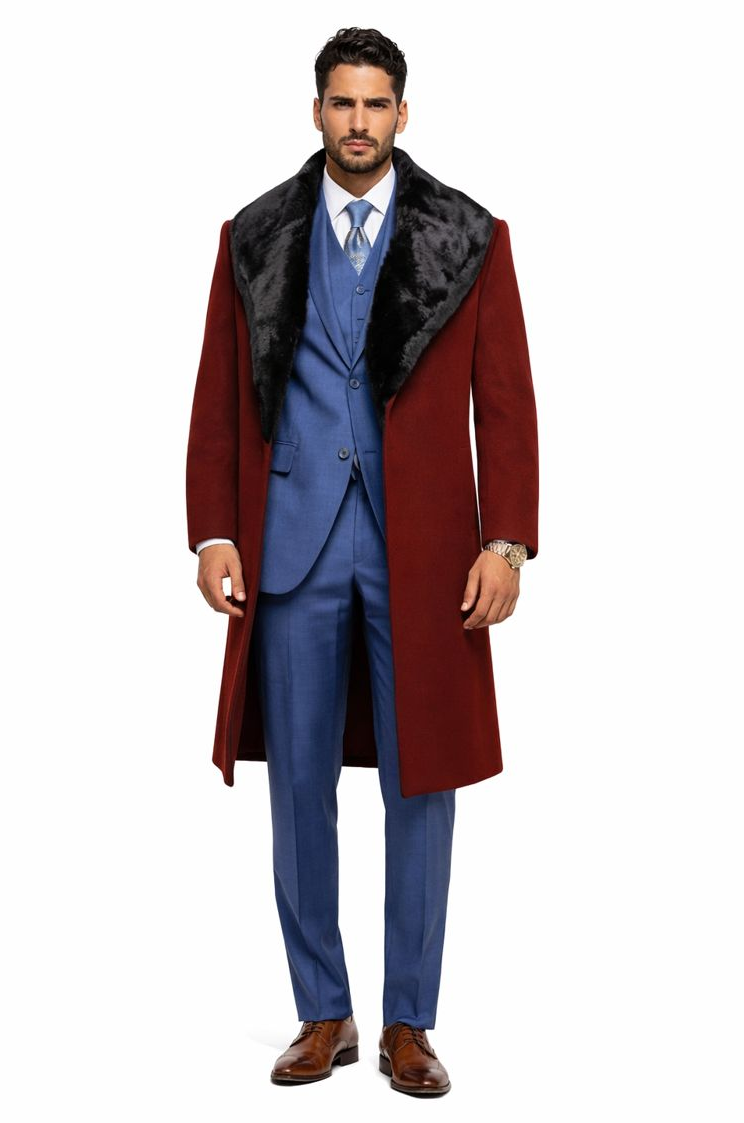 Burgundy Overcoat ~ Long men's Dress Topcoat - Winter coat With Fur Collar And Wool Fabric