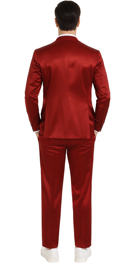 Burgundy Satin double breasted vest 3 piece skinny fit Tazzio mens suit with peak lapel and matching bowtie