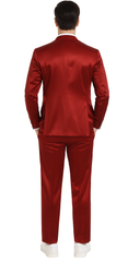 Burgundy Satin double breasted vest 3 piece skinny fit Tazzio mens suit with peak lapel and matching bowtie