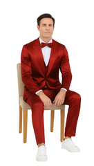 Burgundy Satin double breasted vest 3 piece skinny fit Tazzio mens suit with peak lapel and matching bowtie