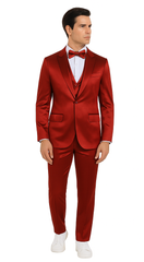 Burgundy Satin double breasted vest 3 piece skinny fit Tazzio mens suit with peak lapel and matching bowtie