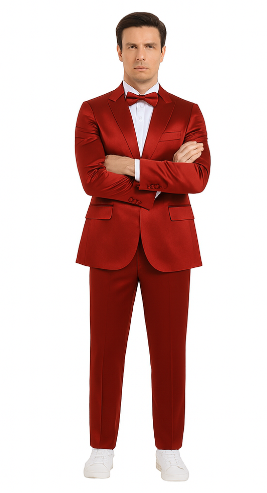 Burgundy Satin double breasted vest 3 piece skinny fit Tazzio mens suit with peak lapel and matching bowtie