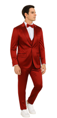 Burgundy Satin double breasted vest 3 piece skinny fit Tazzio mens suit with peak lapel and matching bowtie