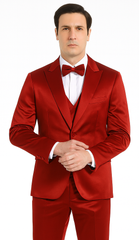Burgundy Satin double breasted vest 3 piece skinny fit Tazzio mens suit with peak lapel and matching bowtie