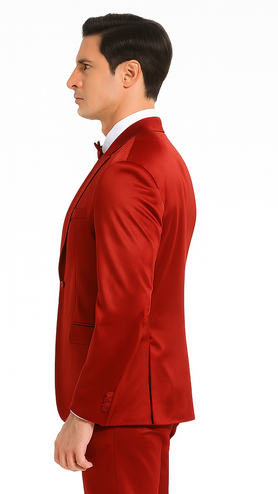 Burgundy Satin double breasted vest 3 piece skinny fit Tazzio mens suit with peak lapel and matching bowtie
