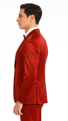 Burgundy Satin double breasted vest 3 piece skinny fit Tazzio mens suit with peak lapel and matching bowtie