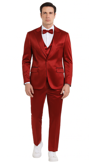 Burgundy Satin double breasted vest 3 piece skinny fit Tazzio mens suit with peak lapel and matching bowtie