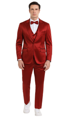 Burgundy Satin double breasted vest 3 piece skinny fit Tazzio mens suit with peak lapel and matching bowtie